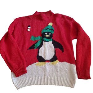 VTG Windcrest 80s Hand Knit Ugly Christmas Sweater Penguin Sz Large L  Holiday